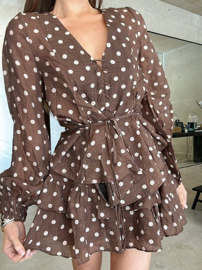 'VIVIAN' POLKA DOT TIERED RUFFLE SKORT BROWN