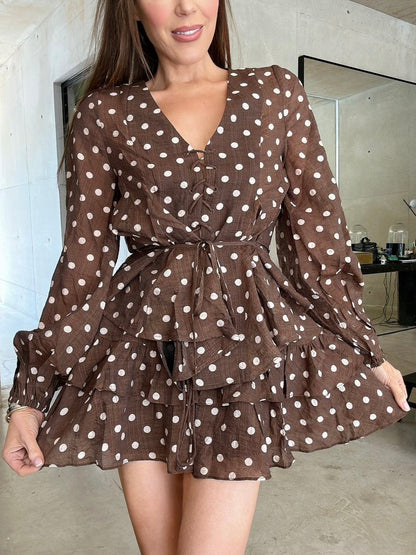 'VIVIAN' POLKA DOT TIERED RUFFLE SKORT BROWN