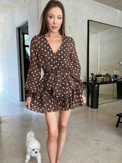 'VIVIAN' POLKA DOT TIERED RUFFLE SKORT BROWN