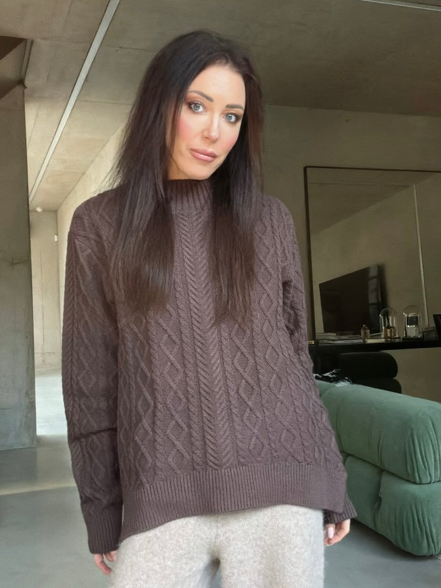 ‘COCO’ SLOUCHY CABLE KNIT FUNNEL NECK JUMPER BROWN