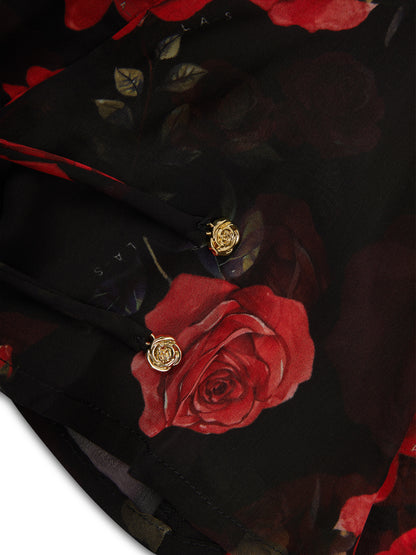 'I HEART NYC' ROSE PRINT LACE UP BLOUSE BLACK