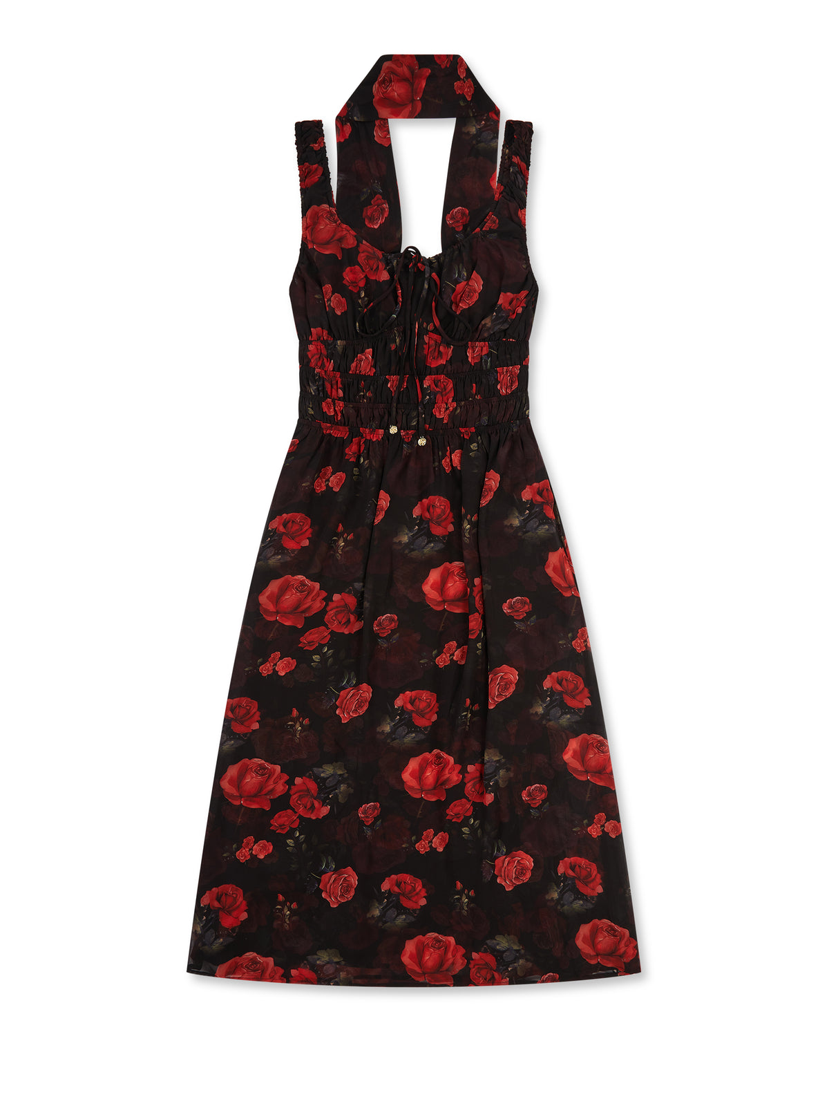 'I HEART NYC' ROSE PRINT SHIRRED BODICE MIDI DRESS BLACK MULTI