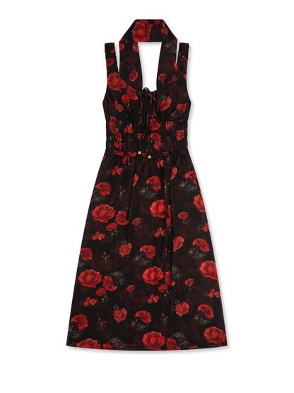 'I HEART NYC' ROSE PRINT SHIRRED BODICE MIDI DRESS BLACK MULTI