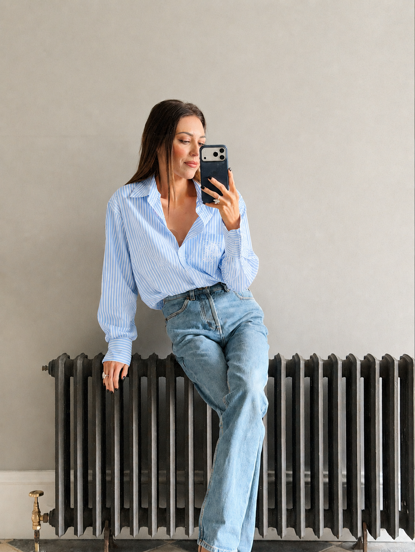 ‘EASY DOES IT’ STRIPE COTTON BOX PLEAT SHIRT BLUE