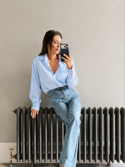 ‘EASY DOES IT’ STRIPE COTTON BOX PLEAT SHIRT BLUE