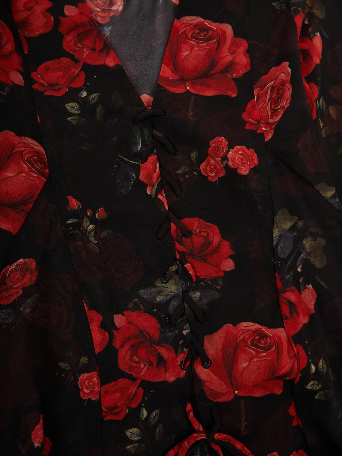 'I HEART NYC' ROSE PRINT LACE UP BLOUSE BLACK