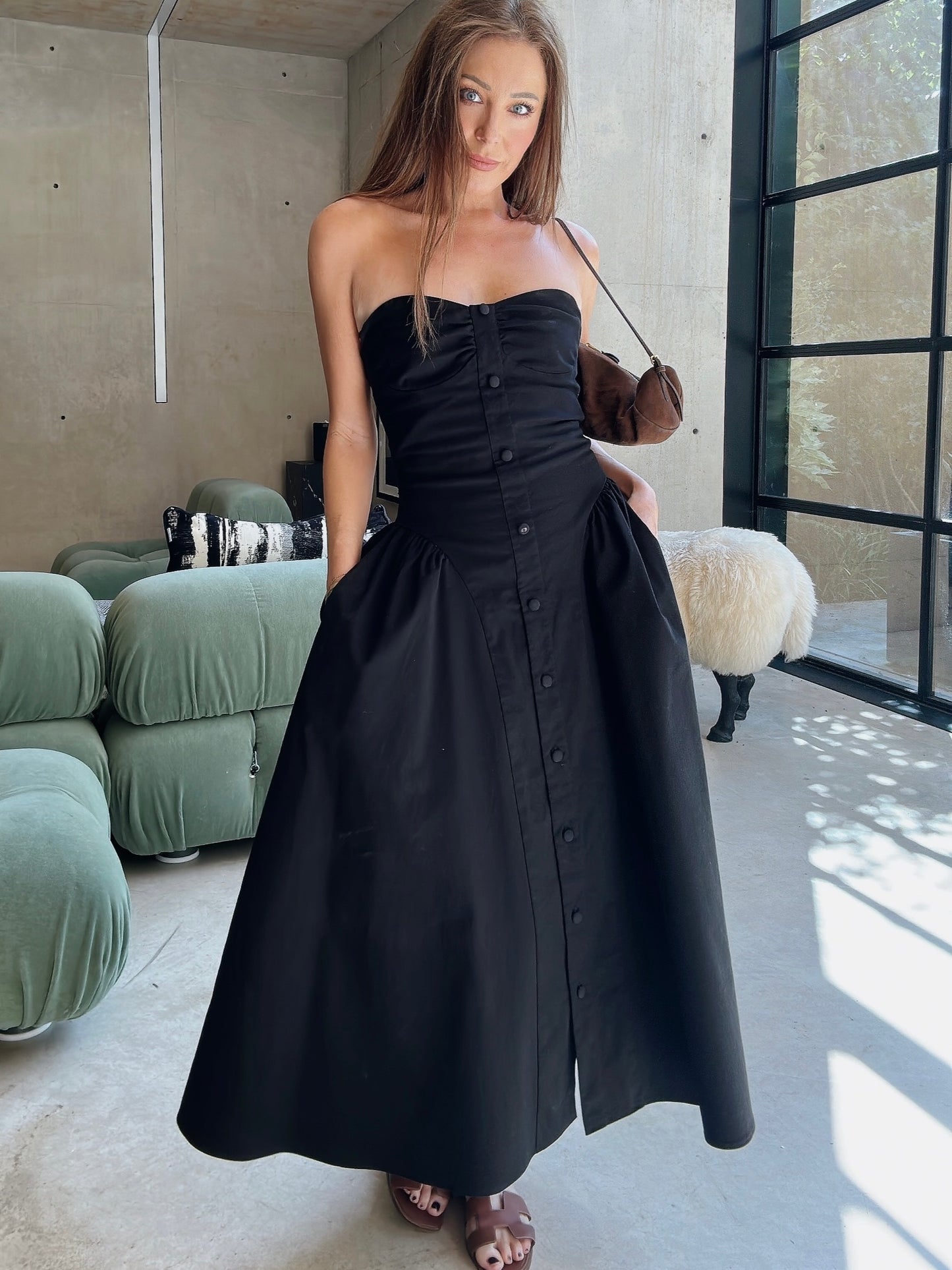 'BRIDGET' BUTTON THROUGH GATHERED MIDI DRESS BLACK