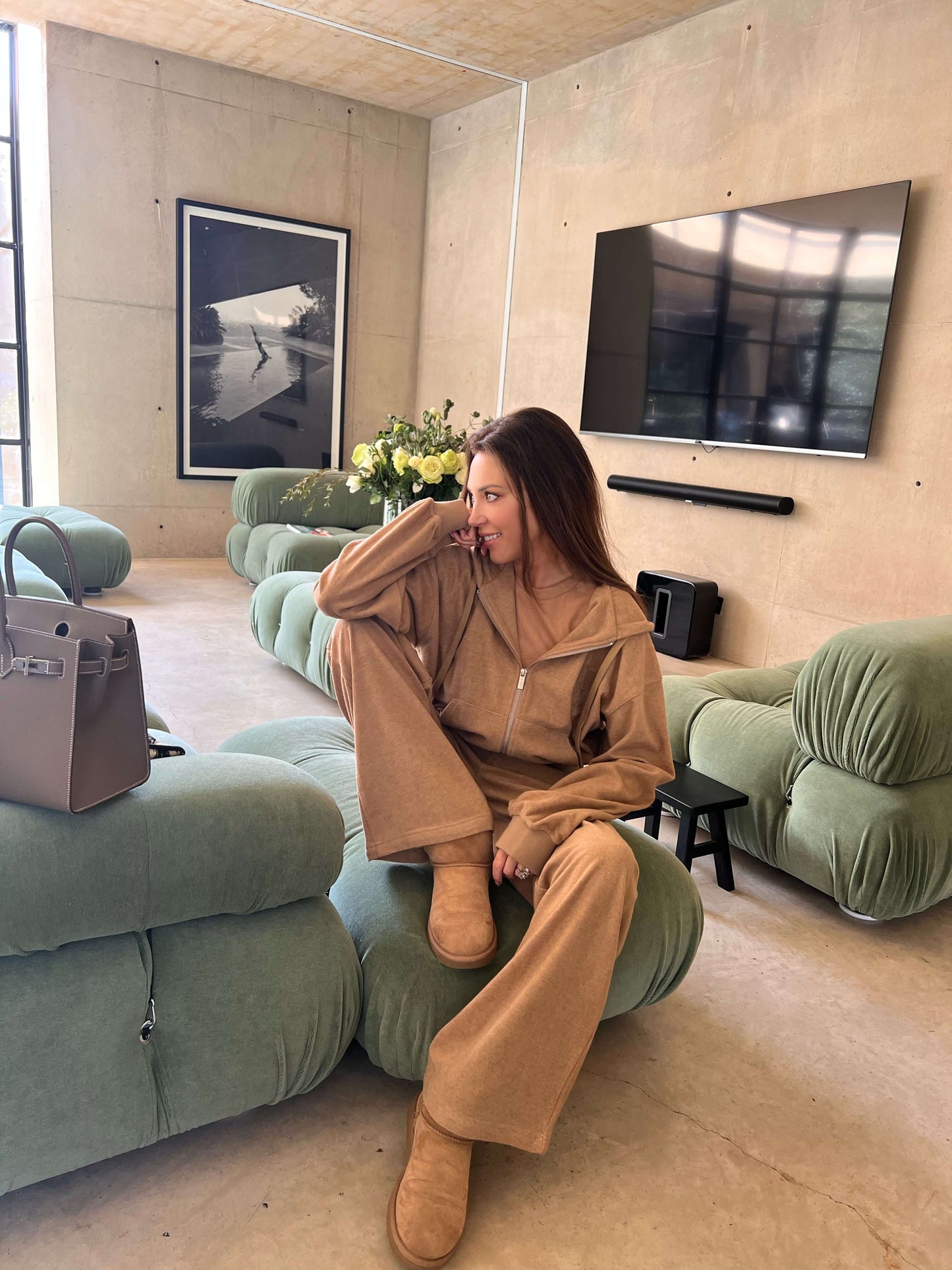 'PARIS' VELOUR TOWELLING EMBROIDERED WIDE LEG TROUSERS CAMEL