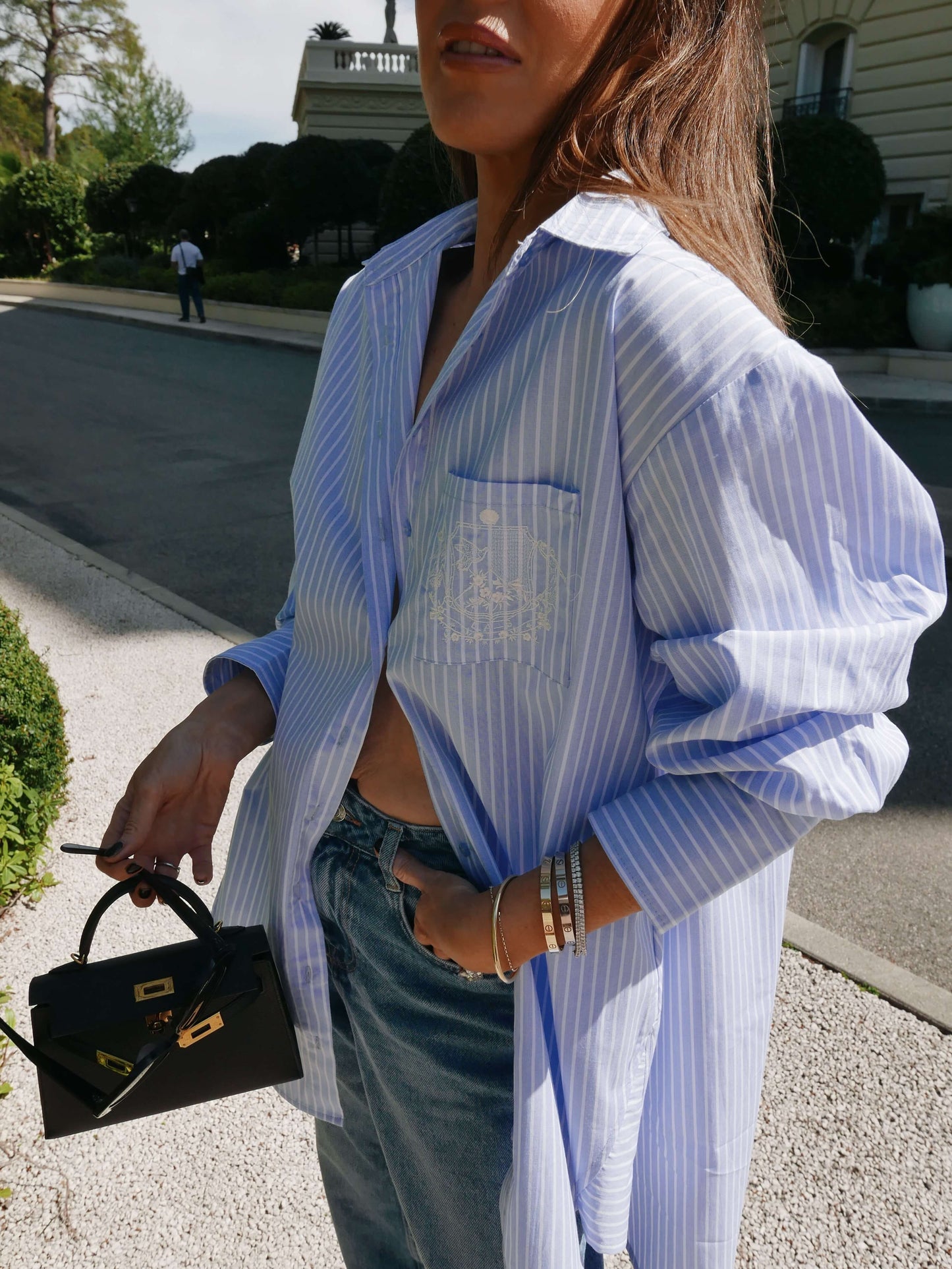 ‘EASY DOES IT’ STRIPE COTTON BOX PLEAT SHIRT BLUE