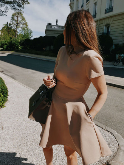 'RIVIERA' SHORT SLEEVE STRUCTURED SHOULDER MINI DRESS CAMEL