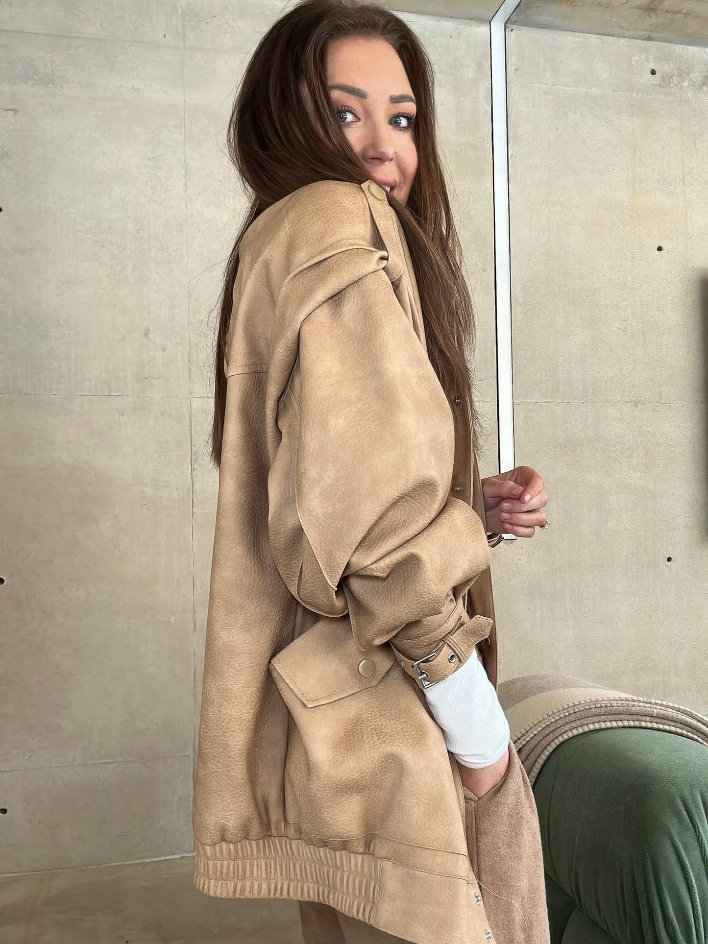 'SIENNA' FAUX LEATHER OVERSIZED MULTI WAY JACKET CAMEL