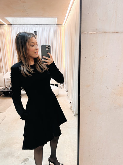 ‘ANTONIA’ LONG SLEEVE STRUCTURED SHOULDER MINI DRESS BLACK