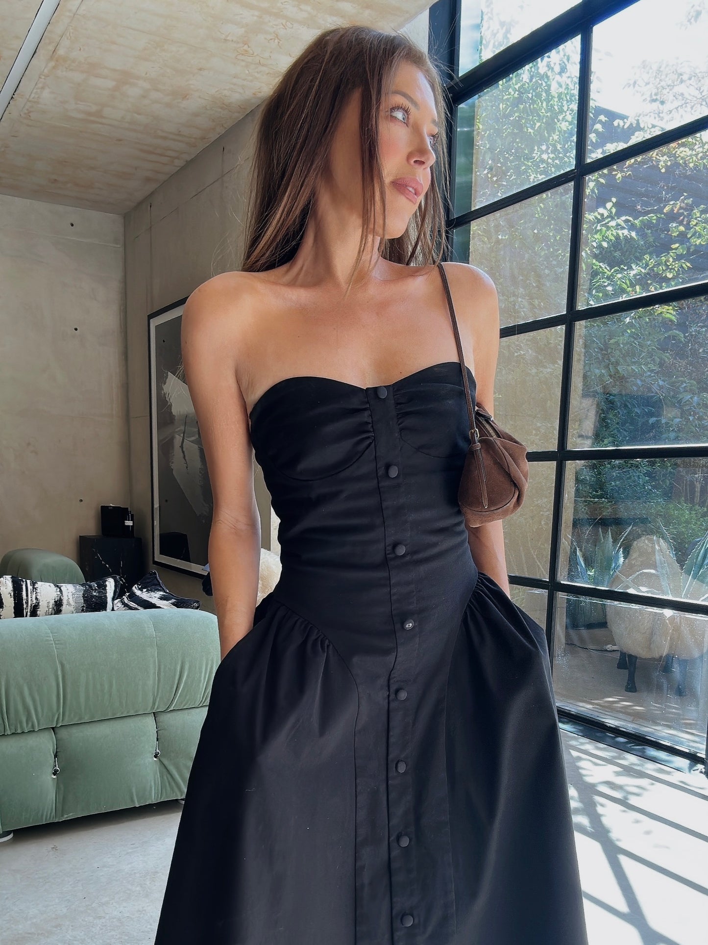 'BRIDGET' BUTTON THROUGH GATHERED MIDI DRESS BLACK