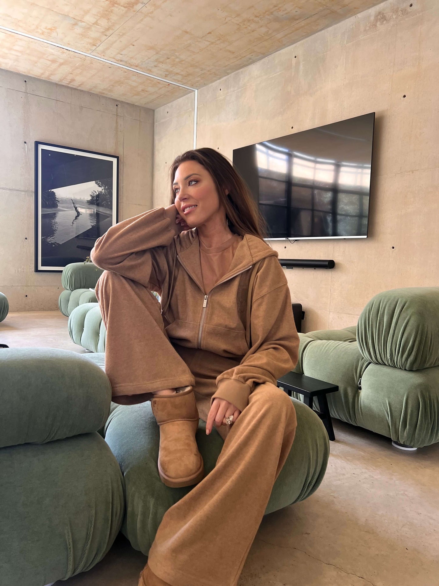 'NICOLE' VELOUR TOWELLING EMBROIDERED ZIP UP HOODIE CAMEL