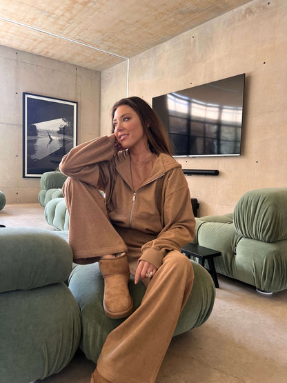 'NICOLE' VELOUR TOWELLING EMBROIDERED ZIP UP HOODIE CAMEL