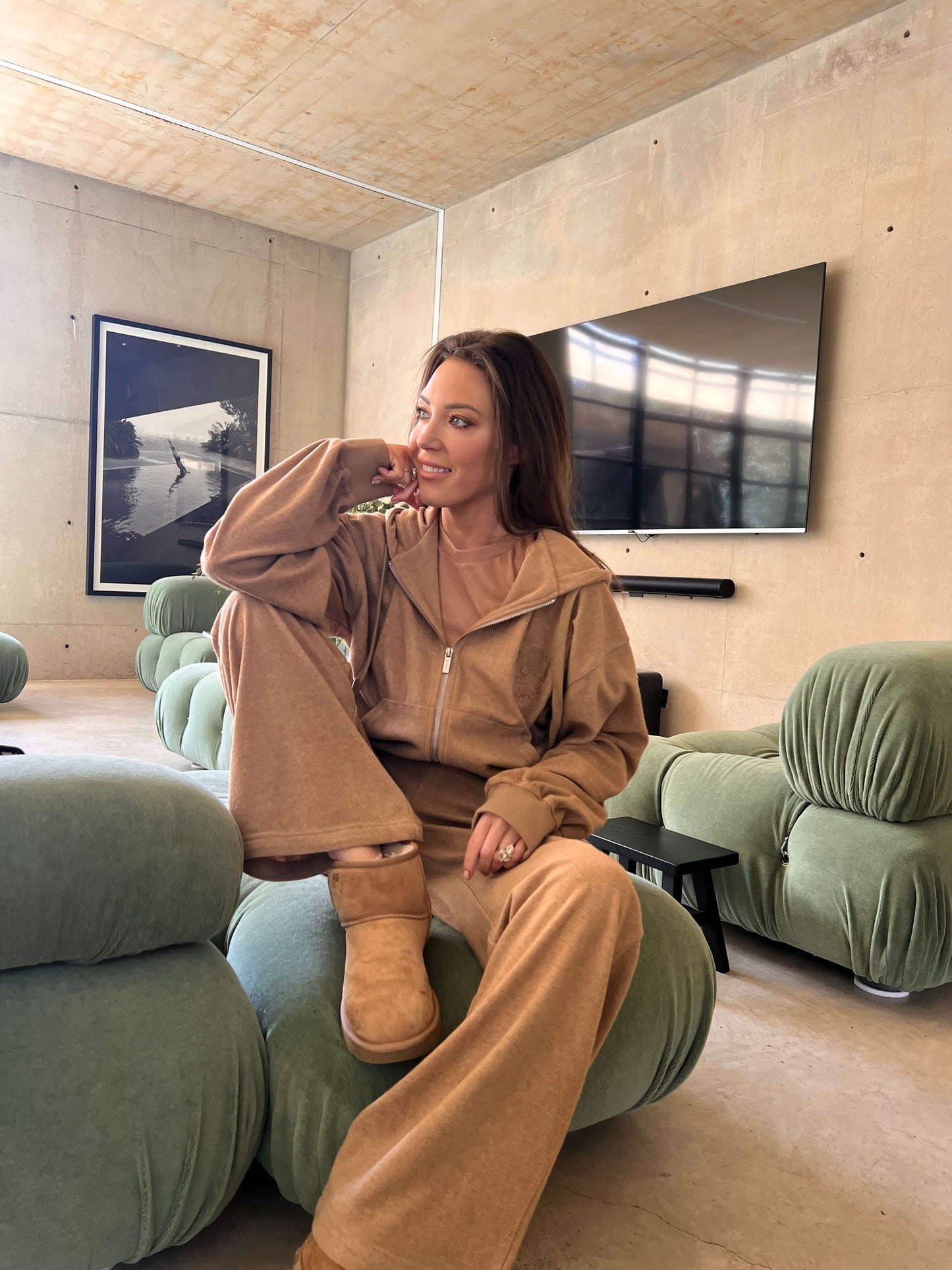 'NICOLE' VELOUR TOWELLING EMBROIDERED ZIP UP HOODIE CAMEL