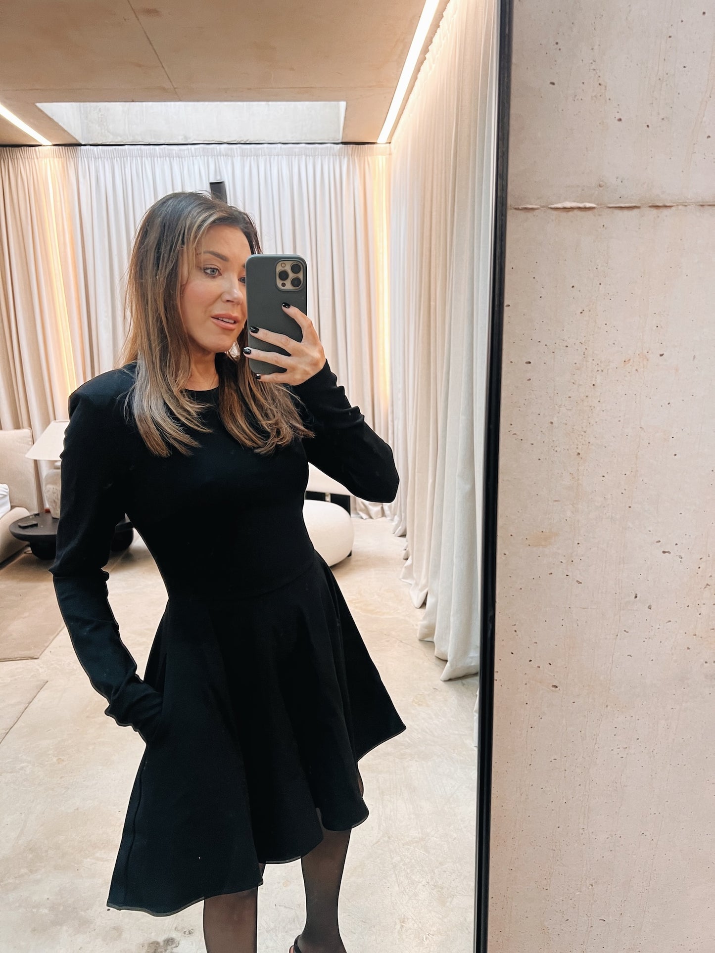 ‘ANTONIA’ LONG SLEEVE STRUCTURED SHOULDER MINI DRESS BLACK