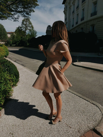 'RIVIERA' SHORT SLEEVE STRUCTURED SHOULDER MINI DRESS CAMEL