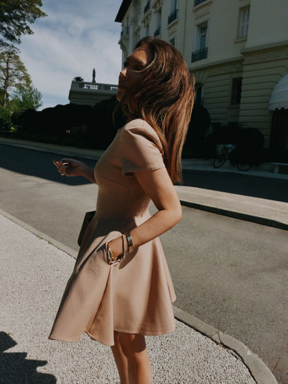 'RIVIERA' SHORT SLEEVE STRUCTURED SHOULDER MINI DRESS CAMEL