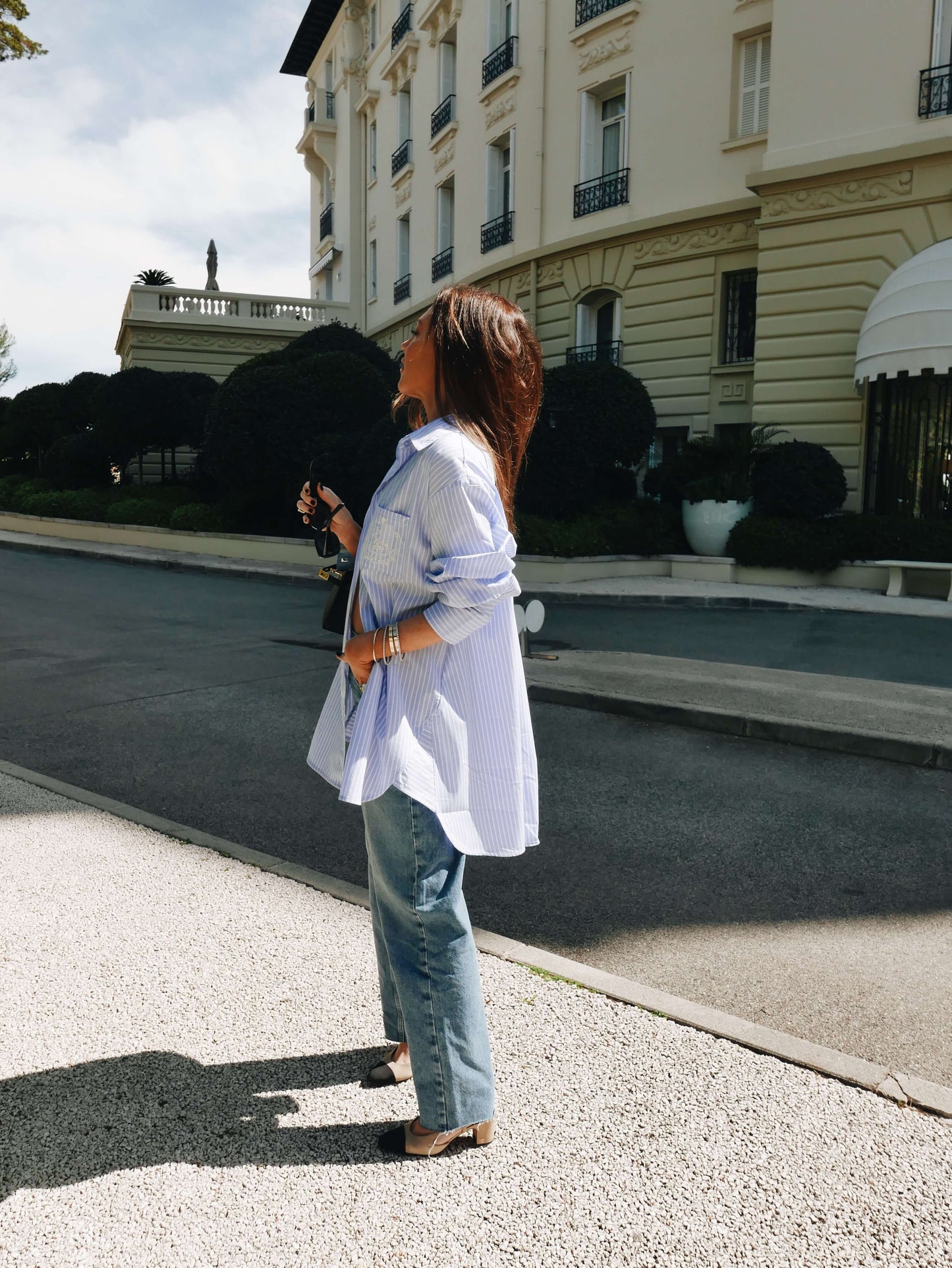 ‘EASY DOES IT’ STRIPE COTTON BOX PLEAT SHIRT BLUE