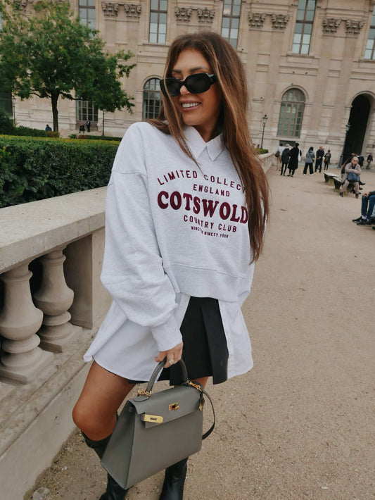 ‘COTSWOLDS' EMBROIDERED CROPPED SWEATSHIRT  LIGHT GREY MARL
