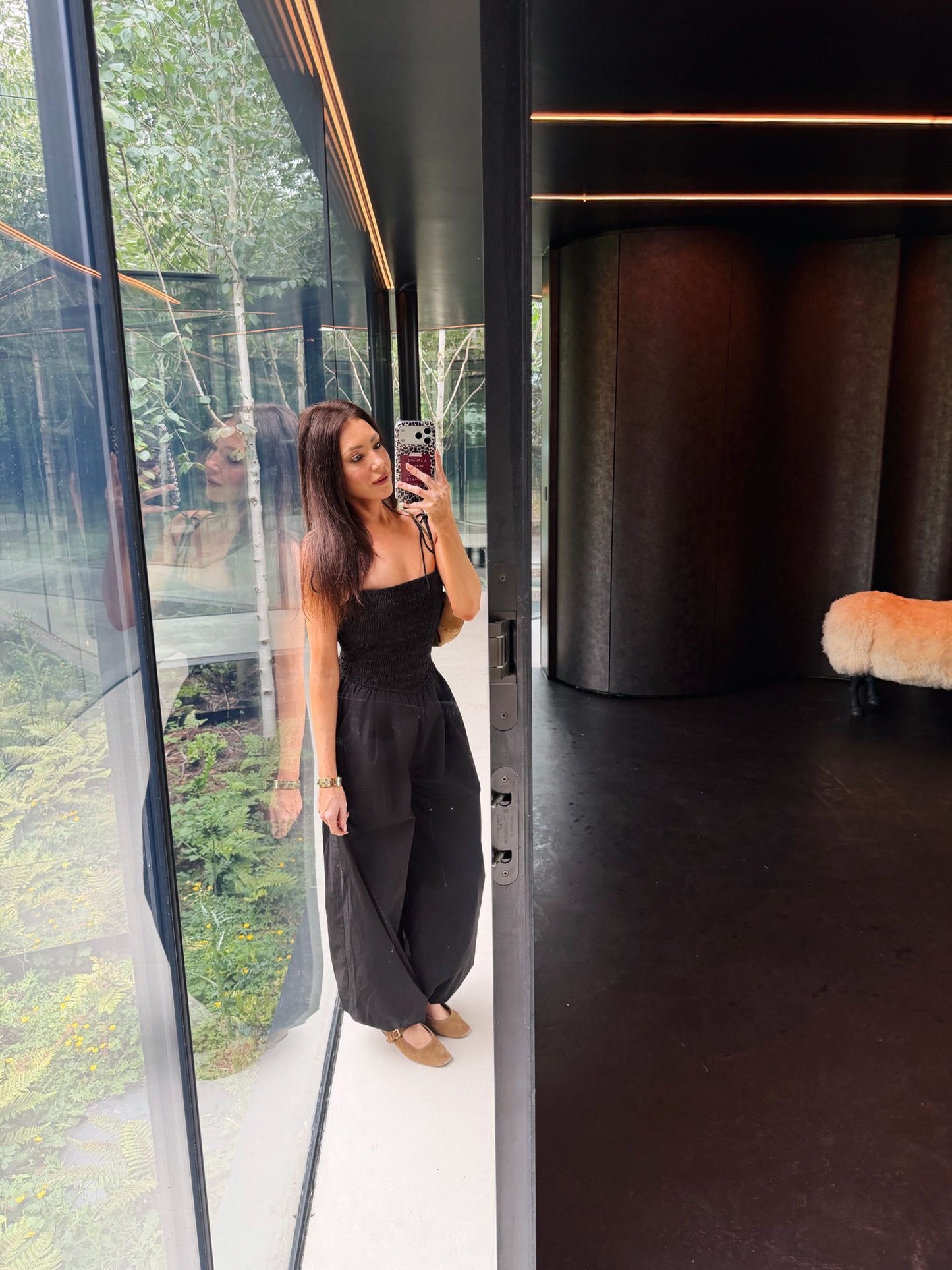 'OFF CAMPUS' SHIRRED BODICE BALLOON LEG JUMPSUIT BLACK