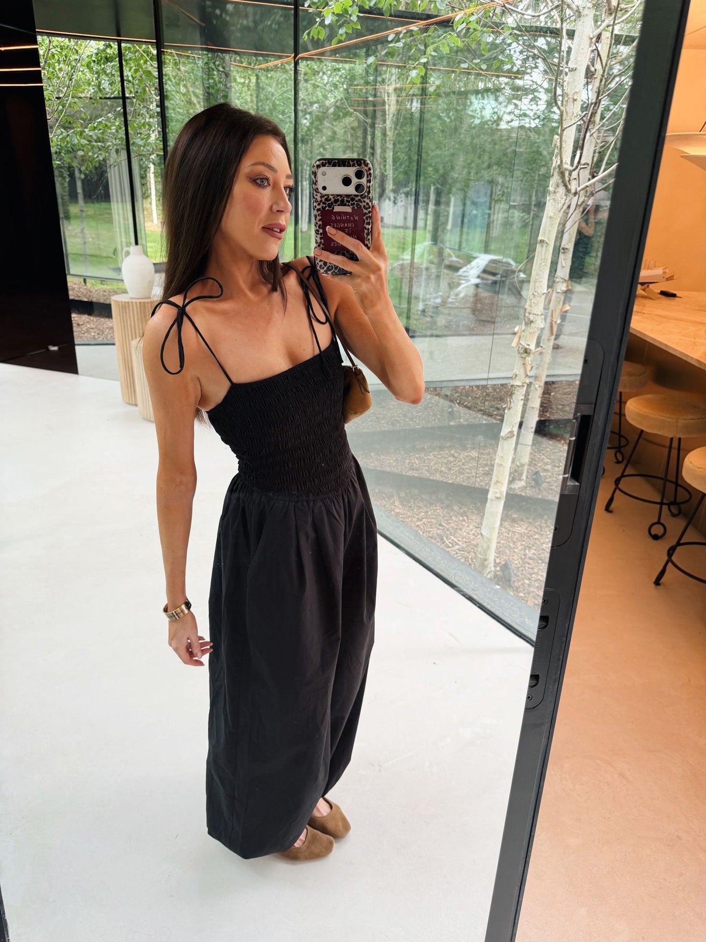 'OFF CAMPUS' SHIRRED BODICE BALLOON LEG JUMPSUIT BLACK