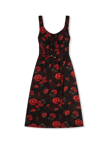 'I HEART NYC' ROSE PRINT SHIRRED BODICE MIDI DRESS BLACK MULTI